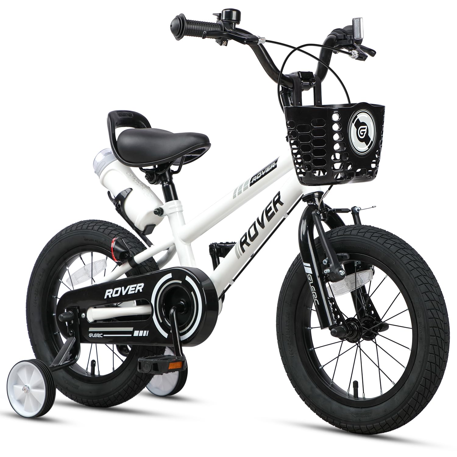 Glerc Rover 14 Inch Kids Bike for 3 4 5 Years Old Boys Girls Bicycles with Water Bottle & Stabilisers & Basket, White