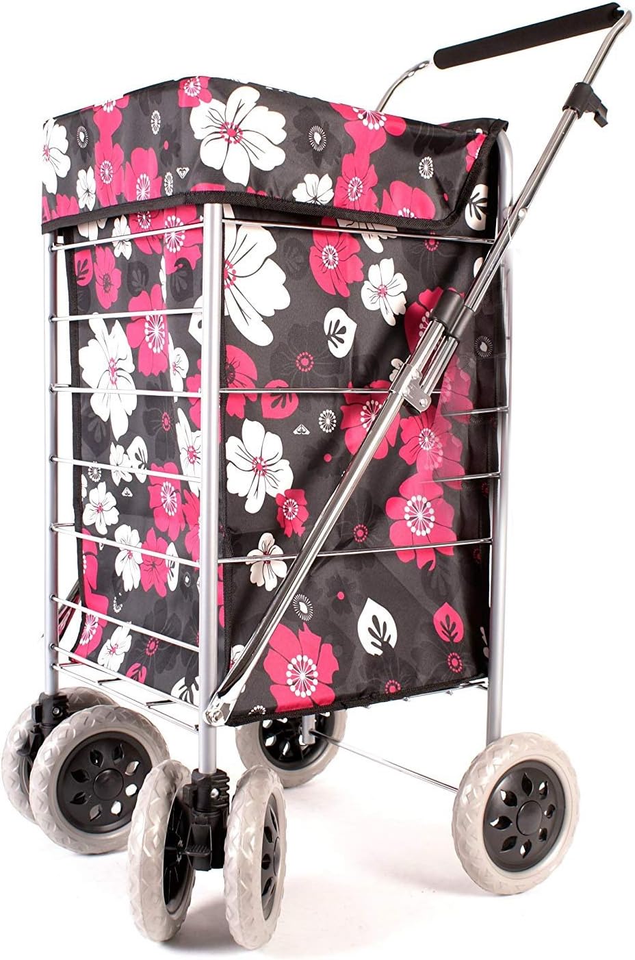 Premium 6 Wheel Swivel Shopping Trolley with Adjustable Handle Black with Pink and White Floral Print
