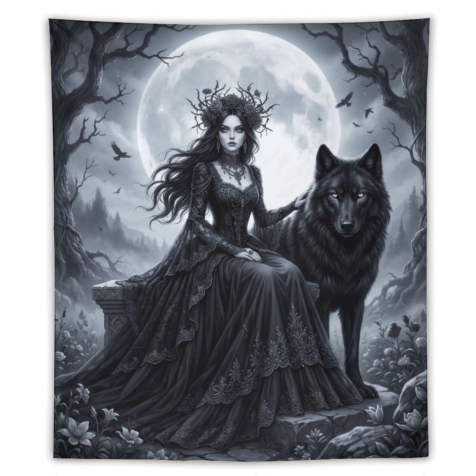 H3B8U2Y5 Moonlit Wolf Queen Wall Tapestry, Realistic Illustration Style