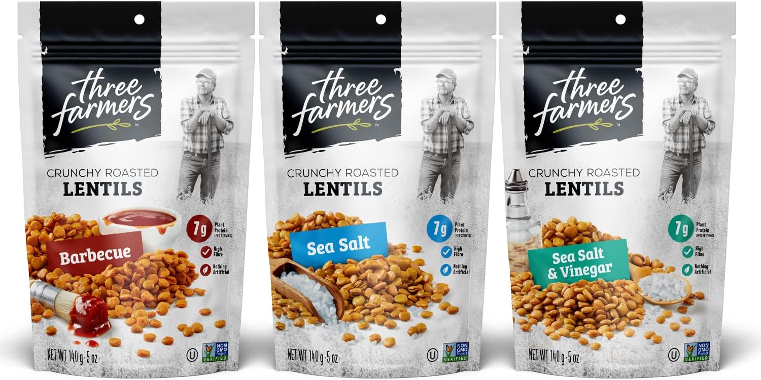 Three Farmers Roasted Lentils Variety Pack Snacks (Sea Salt, Sea Salt & Vinegar, Barbecue) - 1 Variety Pack