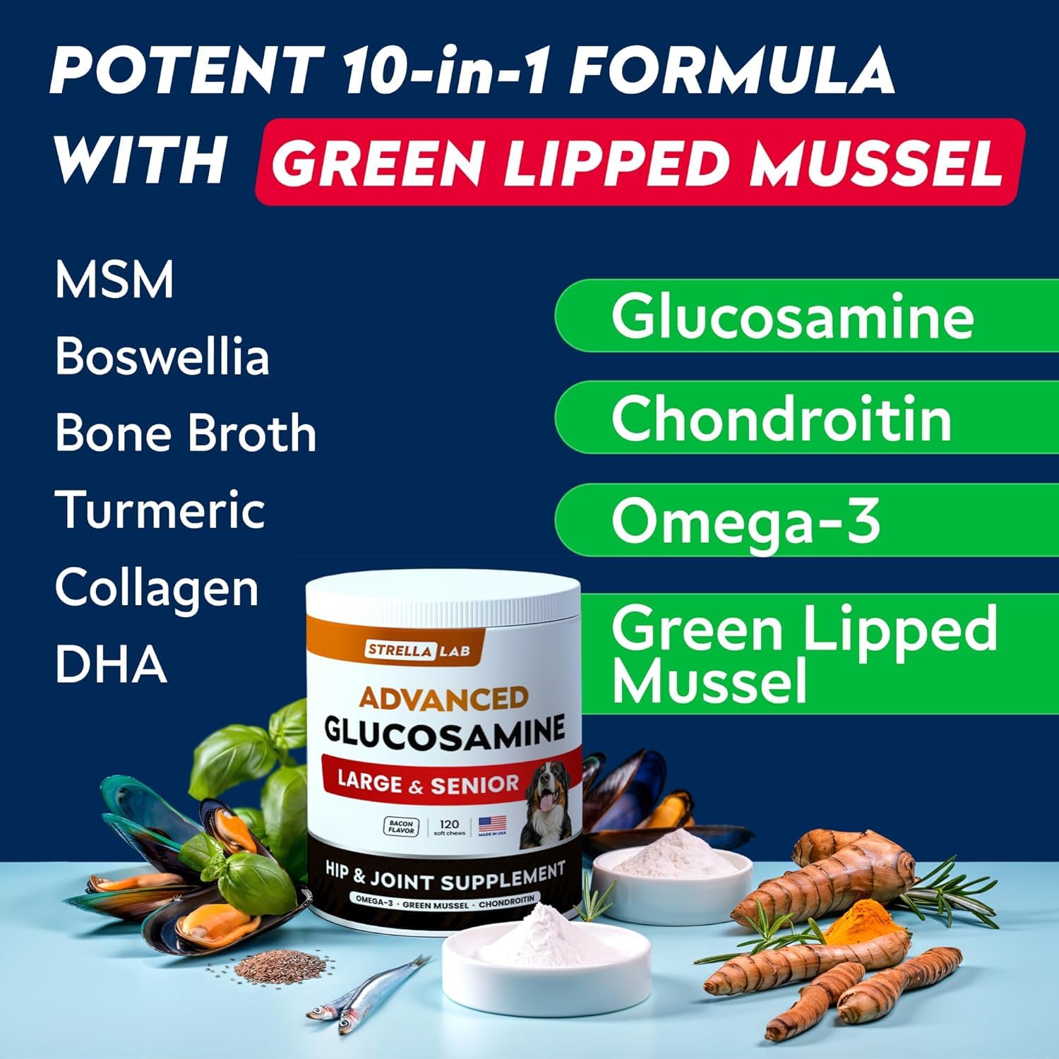 Senior Advanced Glucosamine Joint Supplement for Dogs - Green Lipped Mussel & Collagen - Large Breeds - Hip & Joint Health - Bacon Flavor - 120 Chews - image 5