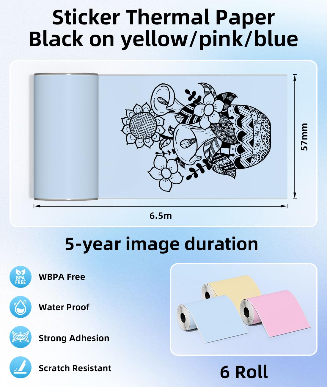 Asprint Kolorowy papier termiczny do mini drukarki T02, M02X, M02L, M02, M02S, kompatybilny z P2 P2S M04S, przenośną drukarką termiczną, 57 mm x 3,5 m, żółty/różowy/niebieski papier naklejkowy, 5 lat