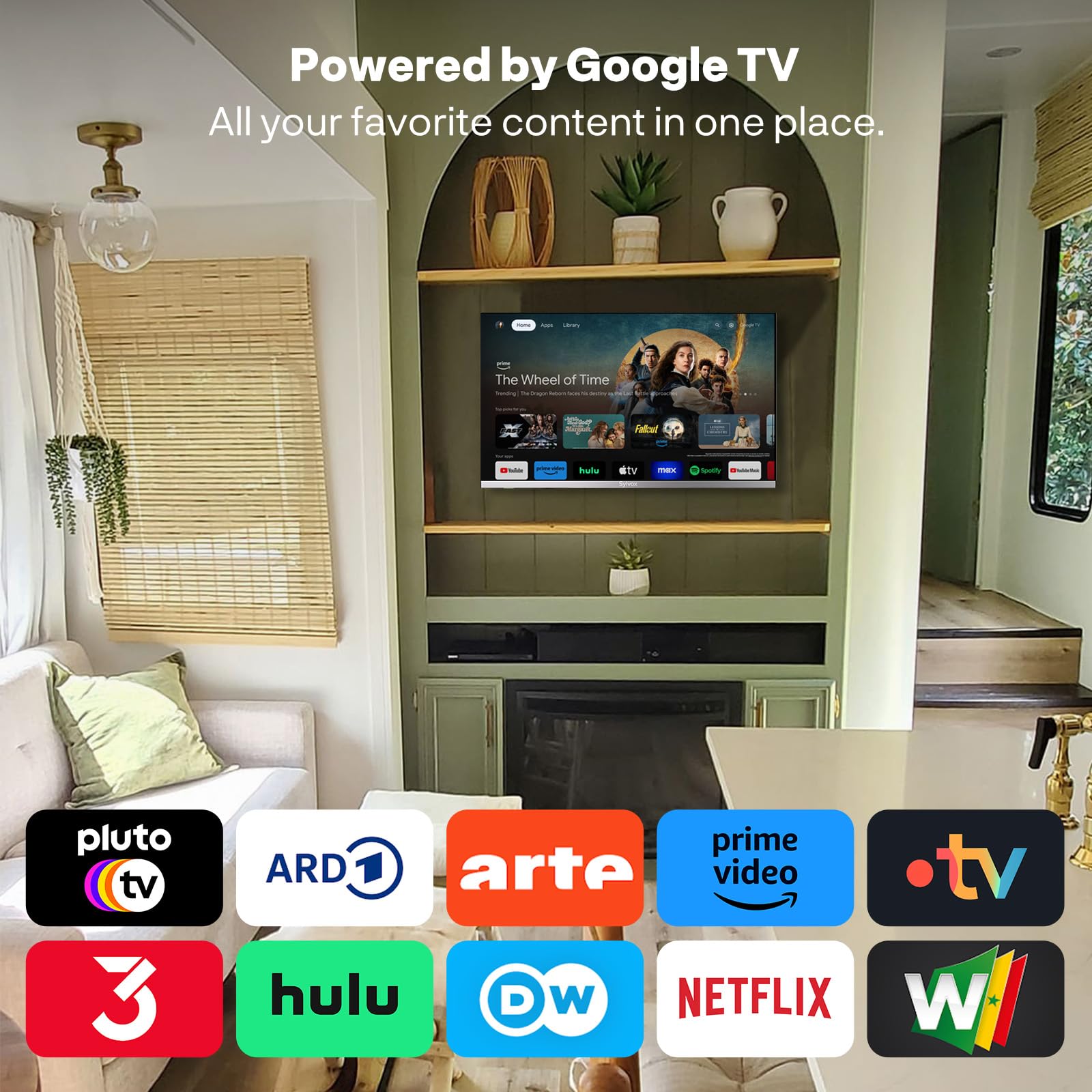 SYLVOX 22" Google 12V TV pour Camping - 1080P, Lecteur DVD Intégré,DVB-T2 | DC 12V Google Television Triple Tuner Intégré DVB-T2/S2 Lunette Extrêmement étroite Téléviseur pour Camping, Salon,Caravane