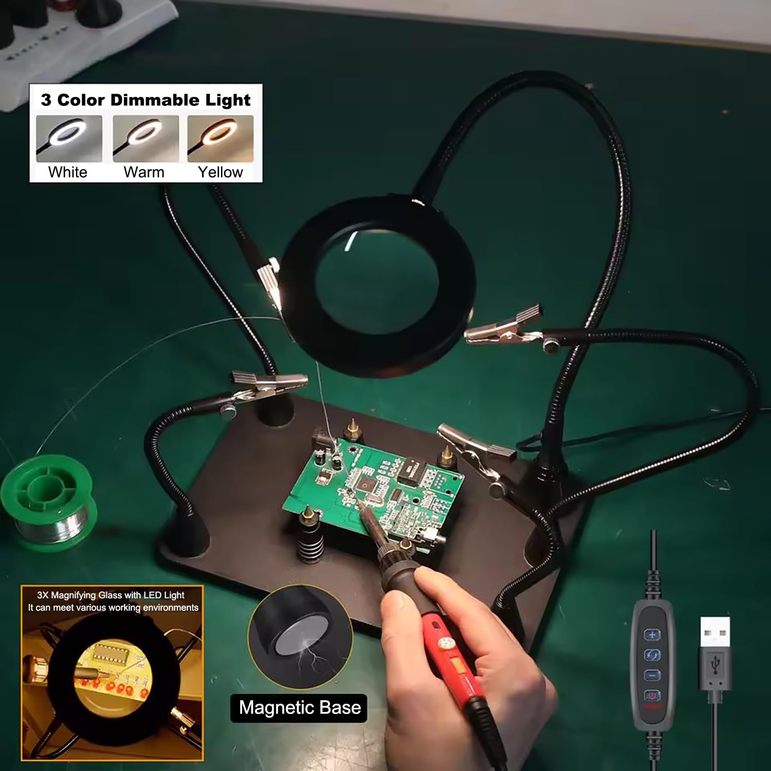 Troisieme Main Soudure, Loupe Soudure, Troisieme Main avec Lampe Loupe 5X, 4 Bras d'Aide à la Soudure, 4 Colonnes Pcb, Bras Aimantés Flexibles pour Soudure DIY Bijoutiers