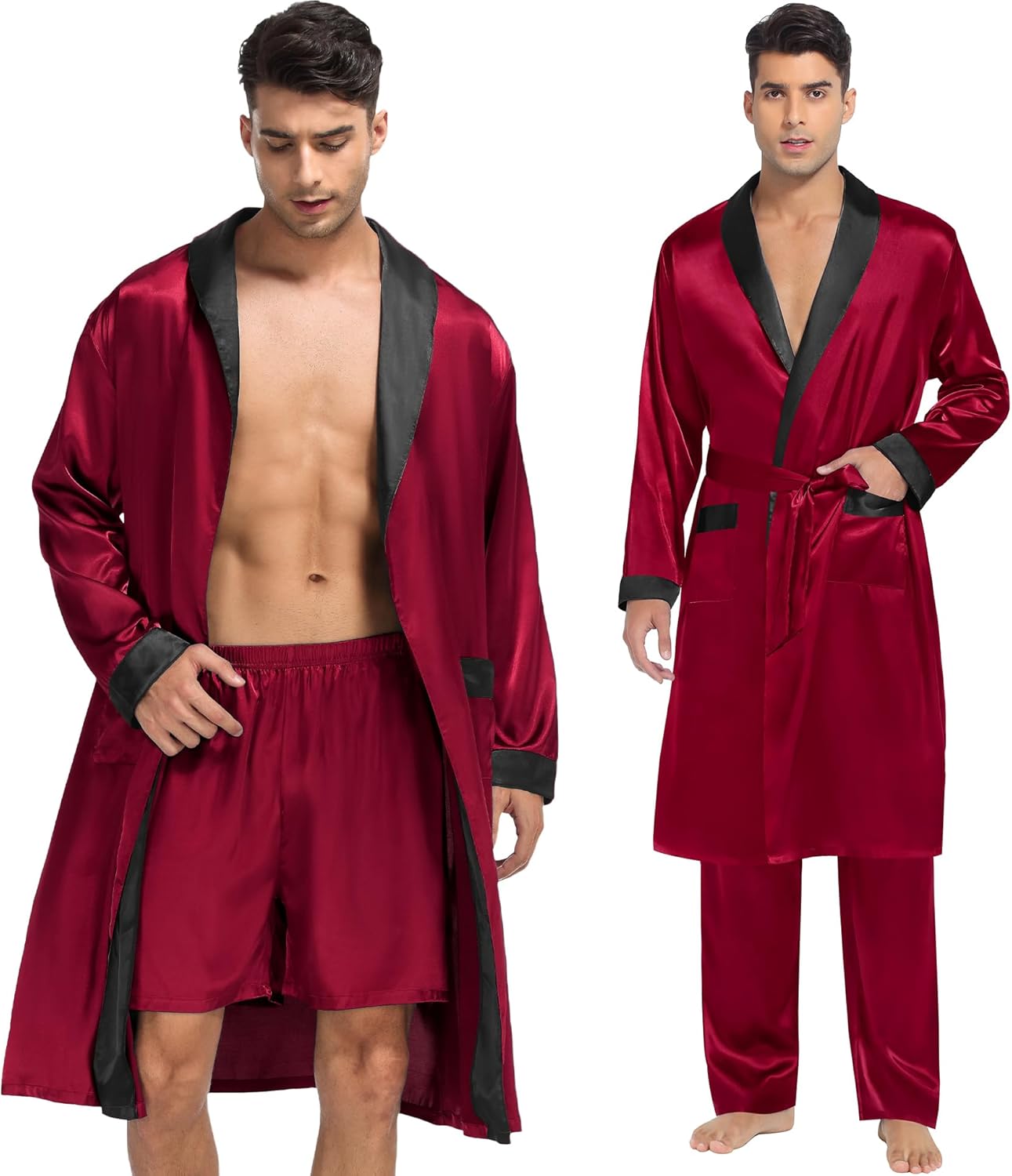 SWOMOG Men's 3 Pcs Robe Silk Satin Kimono Bathrobe with Shorts&Pants Set Lightweight Soft Sleepwear - Image 2