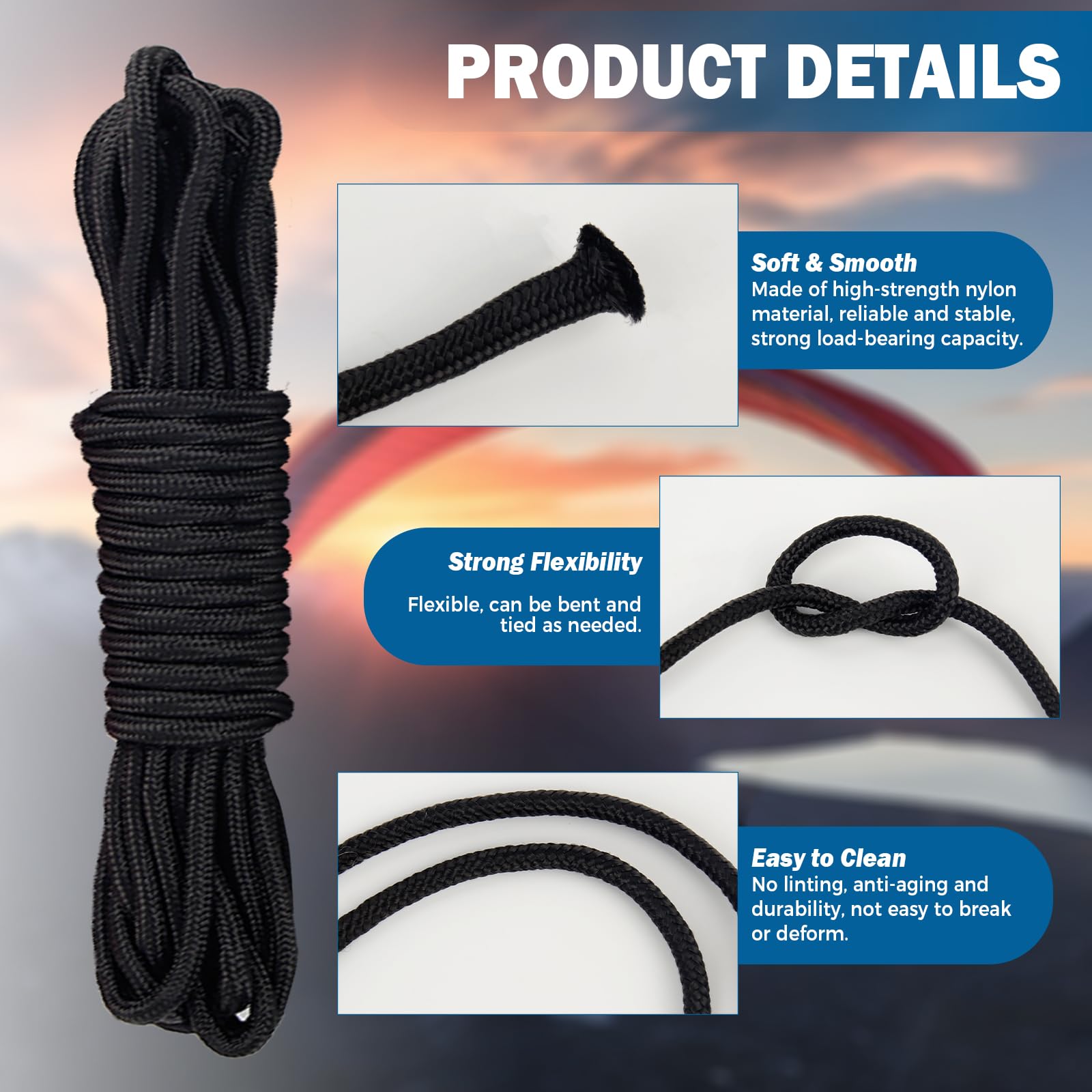 3 Corde en Nylon, 10M Corde de Rappel, Noir Polypropylène Corde, Corde de Flottaison, Corde d'ancrage avec 6 Boucles d'alpinisme, Brins en Nylon Corde Multifonction pour Camping Extérieur DIY