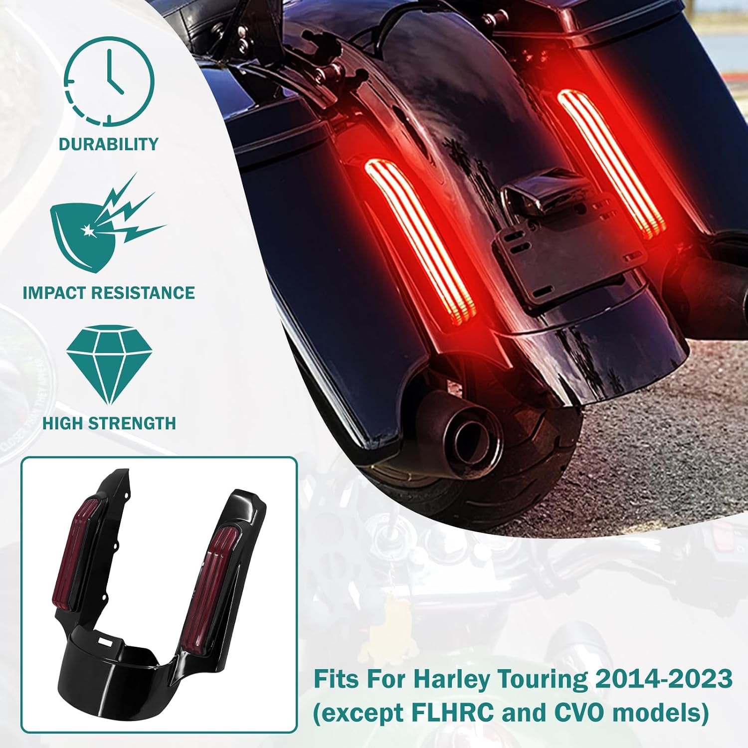 Motorcycle LED Rear Fender Extension Fascia Mudguard with Turn Signals Brake Running Lights Fit for Harley Touring CVO Road Glide Road King Electra Glide Street Glide 2014-up (Red Lens)