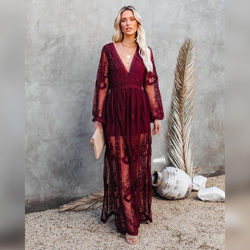 OBEEII Women's V Neck Short Sleeve Floral Lace Maxi Dress for Wedding Bridesmaid Engagement Photo Cocktail Party
