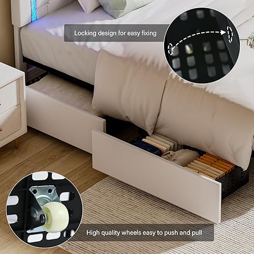 Miniatura 6 de Base de cama de tamaño matrimonial con luces LED, base de cama tapizado con cajones de almacenamiento, cama de plataforma princesa con cabecera y
