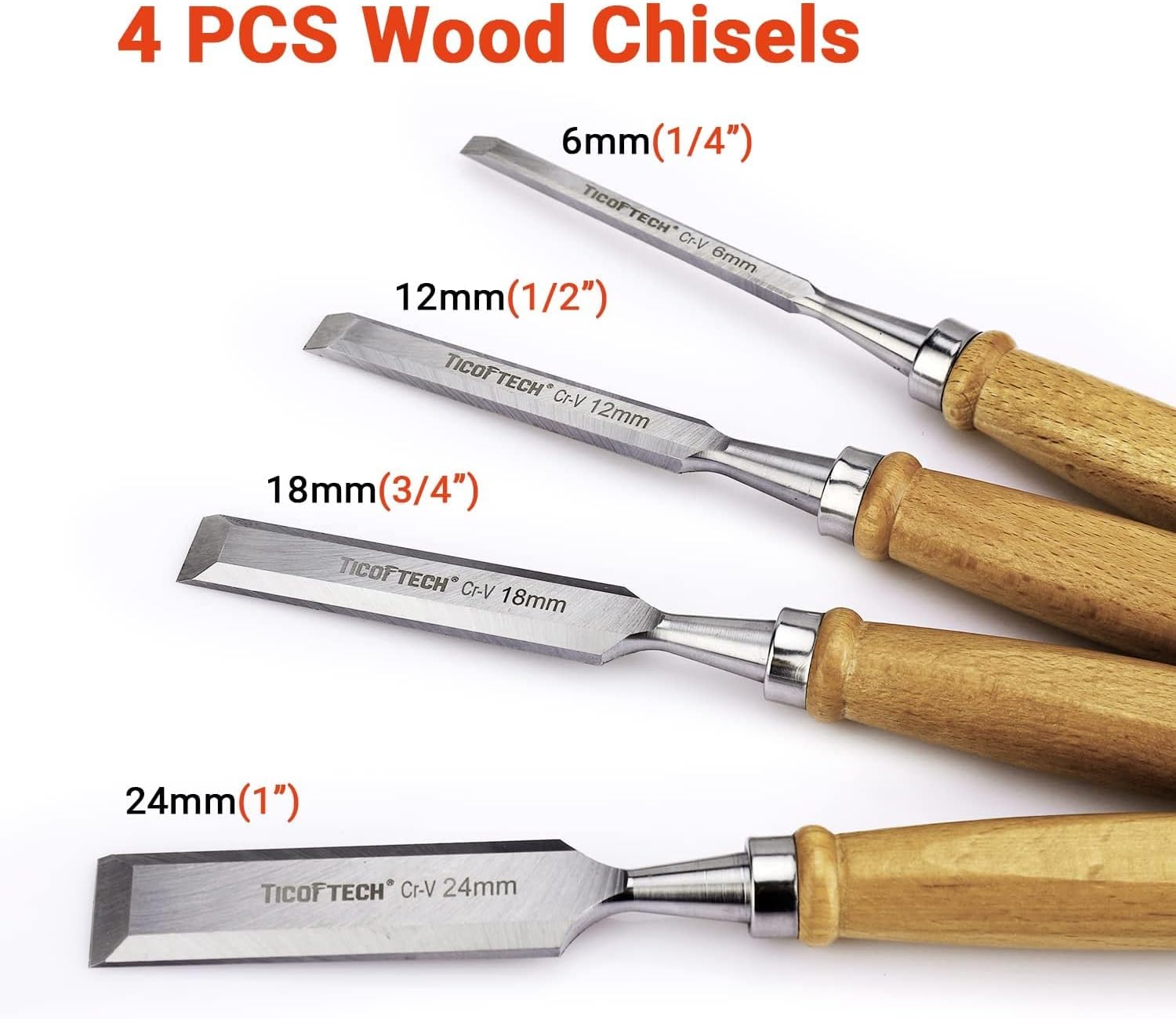 TICOFTECH Wood Chisel Sets Cr-V, Chisel Set for Woodworking, 4PCS, 6mm(1/4"), 12mm(1/2"), 18mm(3/4"), 24mm(1")