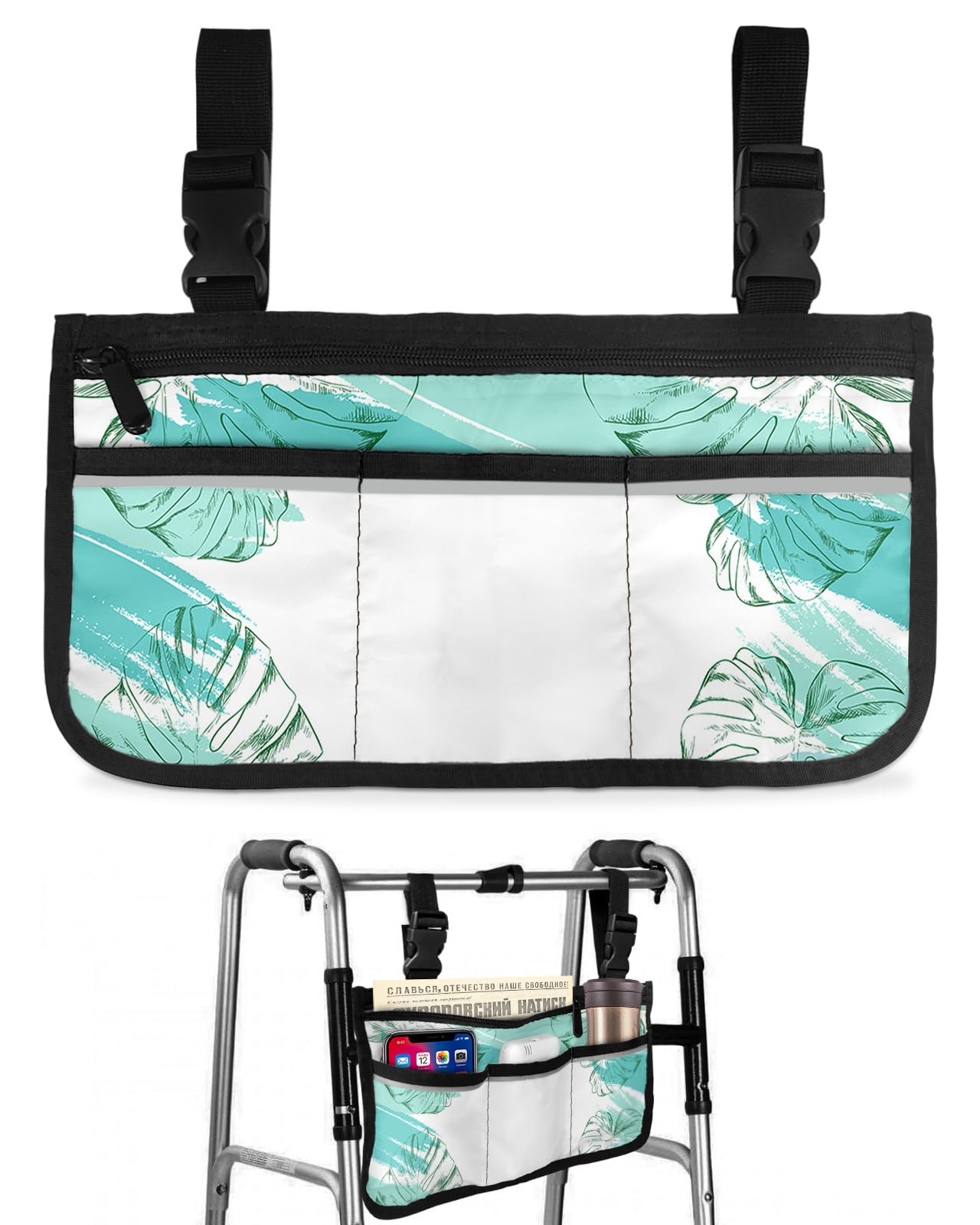 Teal Palm Leaves Wheelchair Side Bag Walker Bag, Tropical Drawn Leaf Wheelchair Accessories Armrest Pouch, Organizer Storage Bag for Walkers, Rollators, Scooters, 7.3''x13''