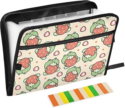 Cute Frog Strawberry Fruit File Folders,Plastic Folders with 13 Pockets,Expandable File Folder for Documents School Students Office,Aesthetic Folder with Labels A4 Letter Size