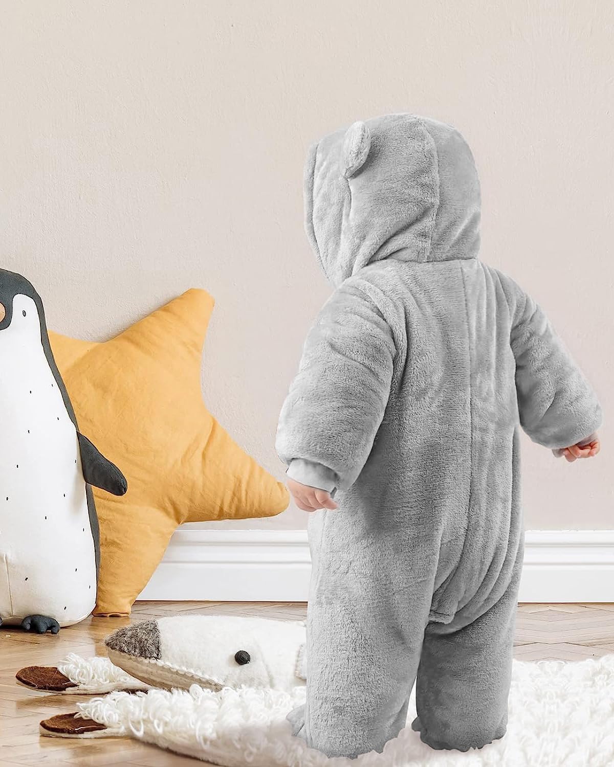 Salopette per Neonato Romper Invernale in Flanella Playsuit con Piedini Felpa con Cappuccio Cartoon,Grigio 0-3 Mesi