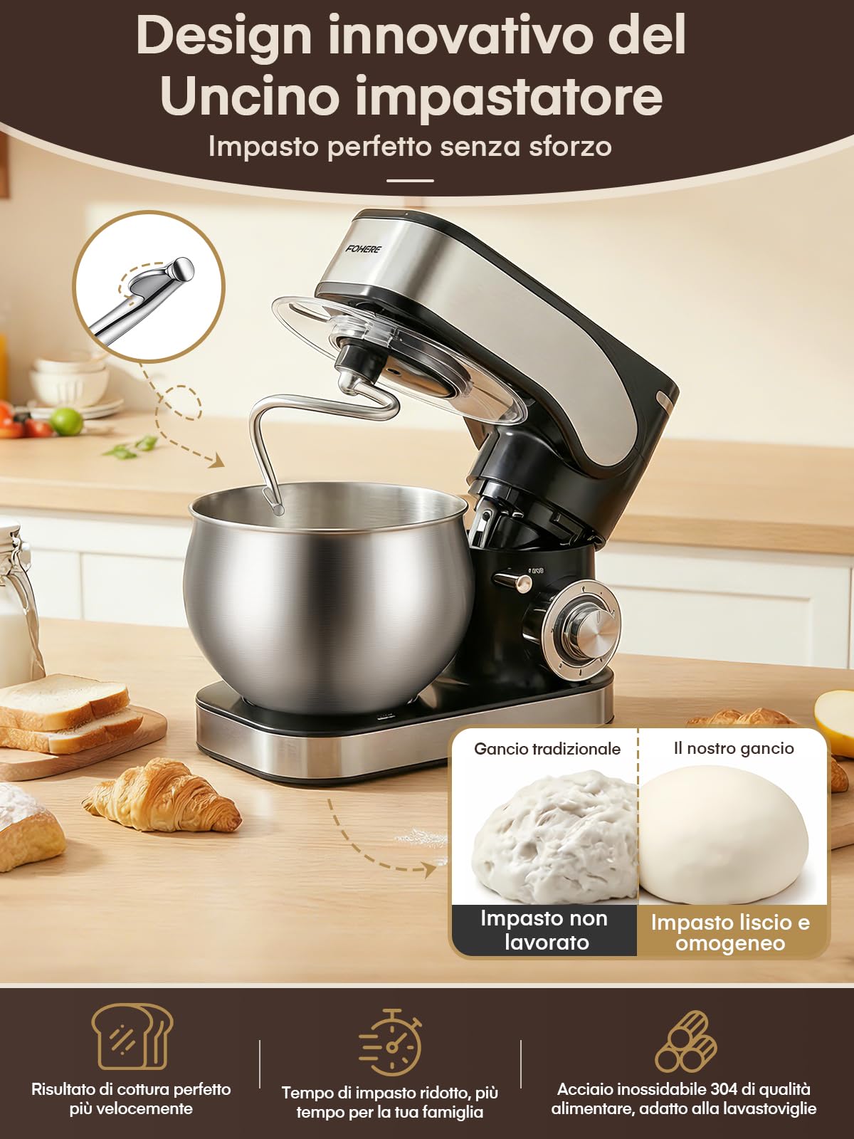 Impastatrice Planetaria con 5L + 3L Doppia Ciotola in Acciaio Inox, Uncino Impastatore Migliorato, Impastatrice a Spirale 6+P Velocità, 1300W, per Pane, Pizza, Dolci e Pasticceria Domestica