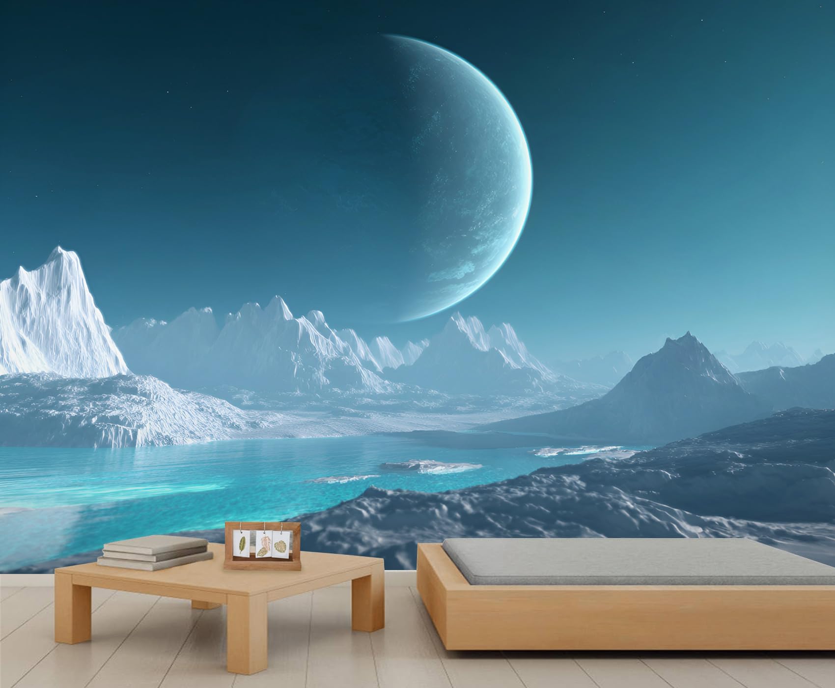 Blue Ice Planet Mural Fantasy Cosmic World Wallpaper Planetary Landscape Murals Alien Planet Wall Mural Sci-Fi Extraterrestrial Wallpaper for Bedroom Living Room 430 x 300 cm