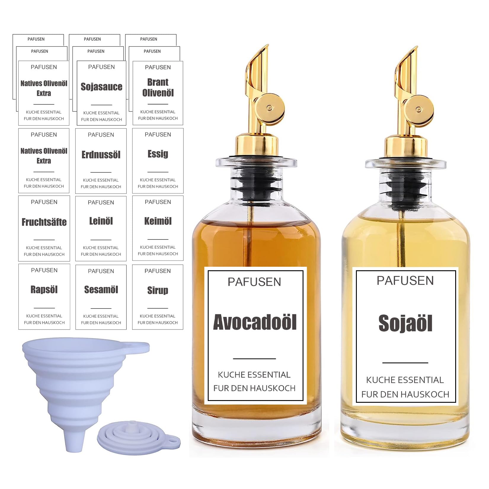 Pafusen 2 Packung Ölflasche, Essig und Ölflaschen Set für Küche, Olivenöl Flasche, Ölspender, Kaffeesirup, Ölsprüher, Sprühflasche für Speiseöl mit 20 Aufkleber, Trichter, 350ml, Gold Ausgießer