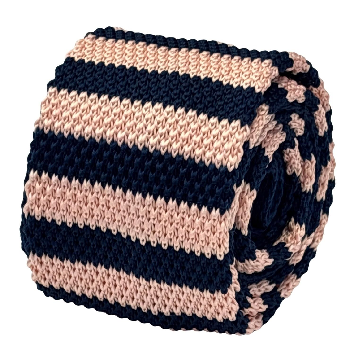 Frederick Thomas Navy Blue And Pink Knitted Necktie, Navy And Pink Stripes, 5 Cm Width, 145 Cm Length, British Design