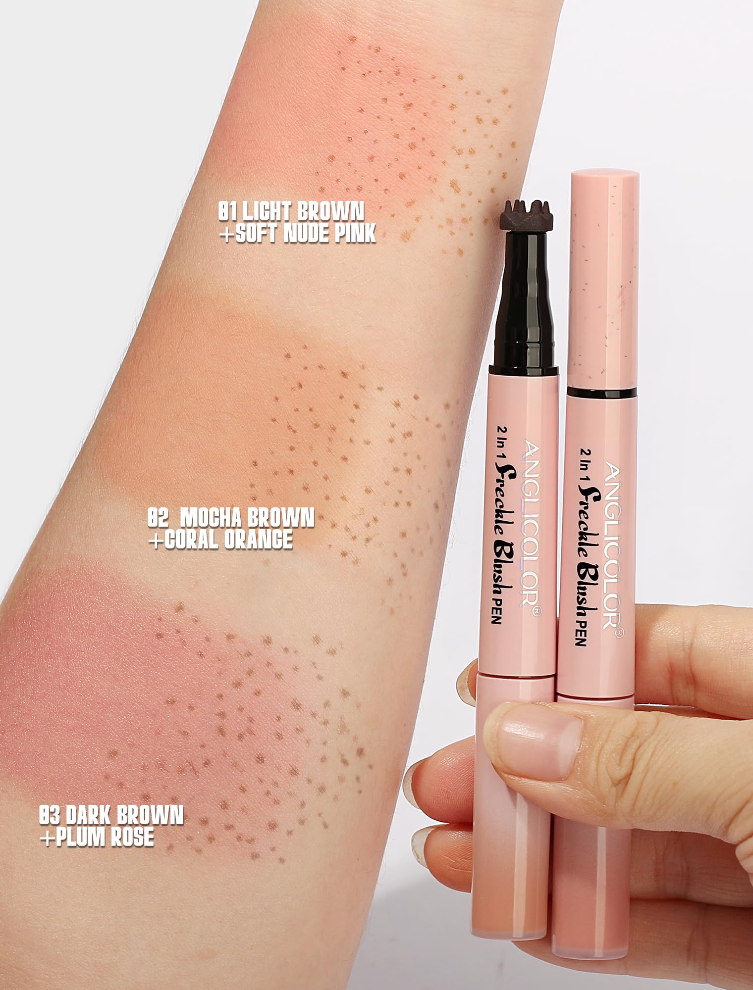Anglicolor Lentiggini Finte 2 in 1 con Fard,Naturale,Impermeabile,Facile da Usare,Controllo Delle Dimensioni Delle Lentiggini,Trucco Effetto Baciato Dal Sole (01#Light Brown 1ml+Soft Nude Pink 2.8ml)