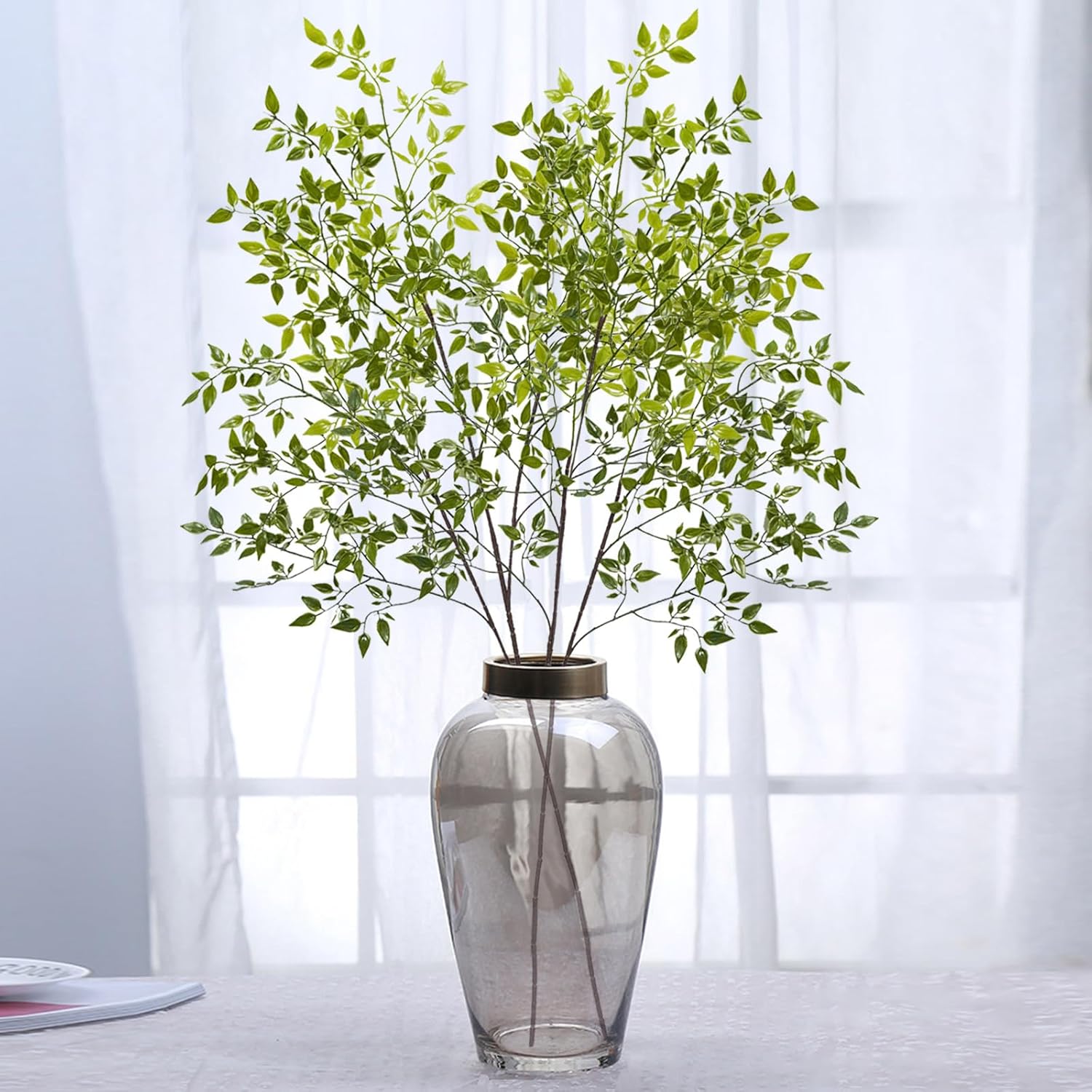 4Pcs Artificial Greenery Stems, 43.3" Fake Nandina Stems Plants Faux Leaf Twig Branches for Indoor Desk Office Shop Home Table Vase Spring Decor