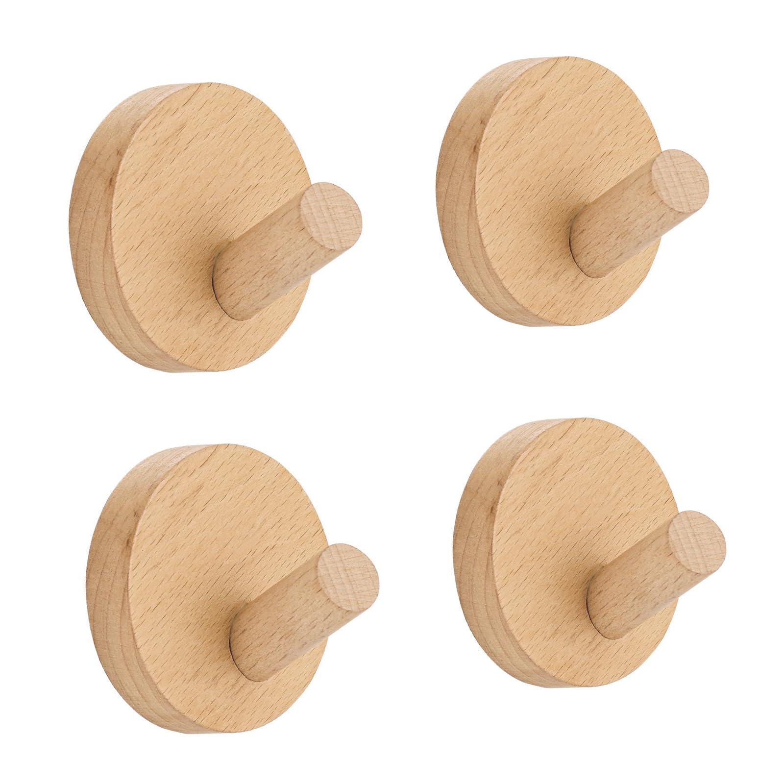 VOIDHUES 4 Piece Round Wooden Coat Hooks Wooden Coat Pegs Self Oak Coat Hooks Adhesive No Drilling Required Super Strong Wooden Coat Hooks for Coats Bags and Hats Suitable for Hallways and Kitchens