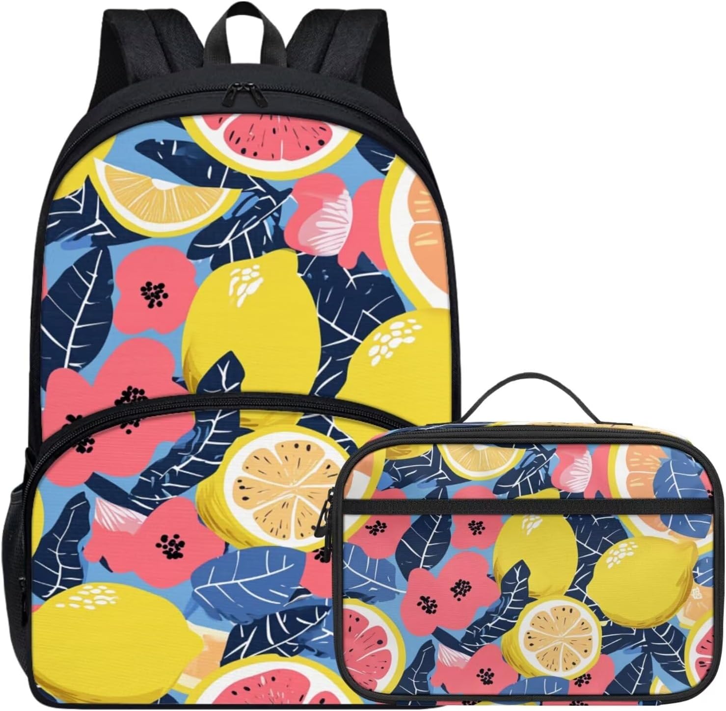 Modysero Lightweight School Backpack Set for Girls Boys Lemon Bookbag Comfy Padded Soft Kids Daypack with Lunch Box