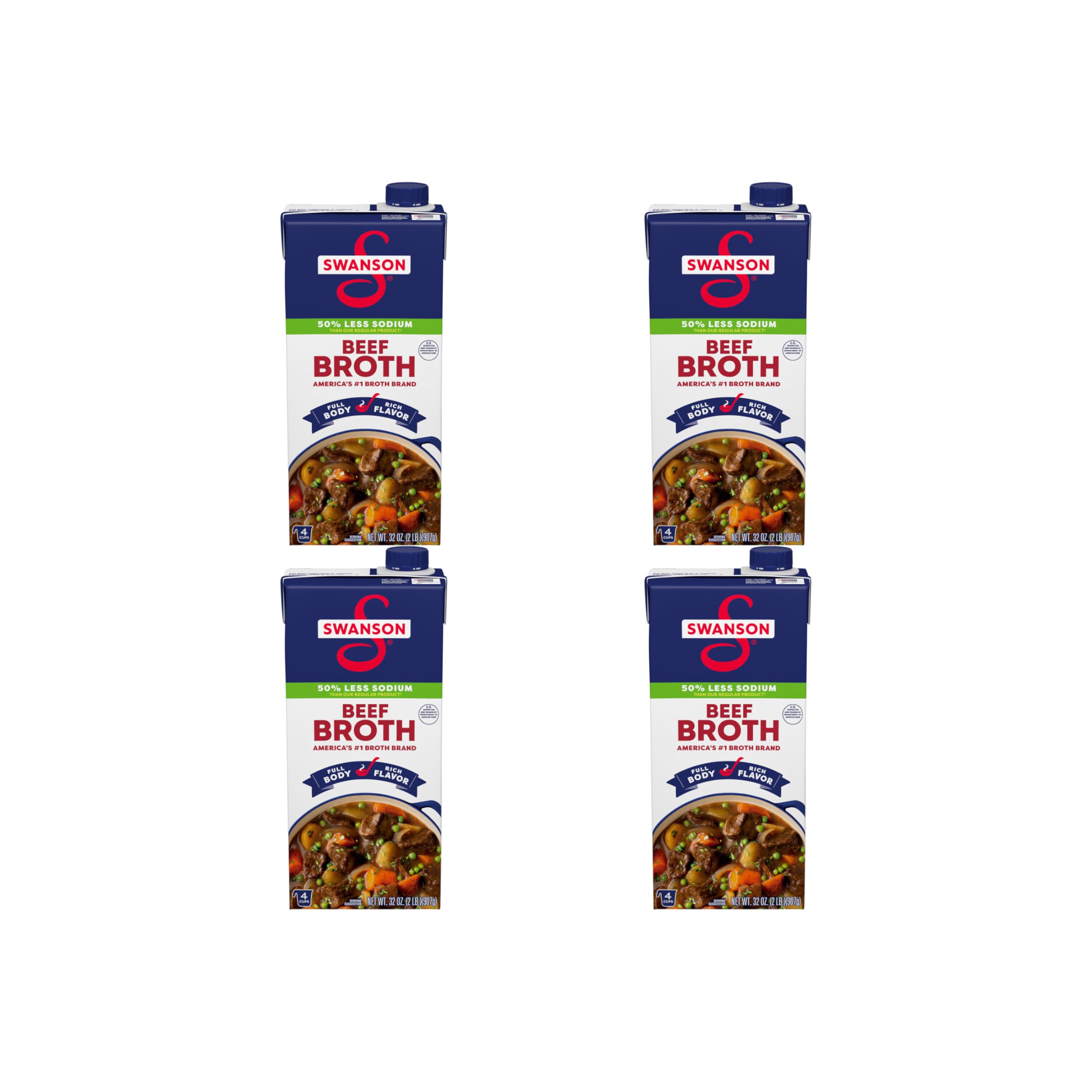 Swanson Lower Sodium Beef Broth, 32 oz Carton (Pack of 4) 50% Less Sodium Beef Broth 32 Ounce (Pack of 4)