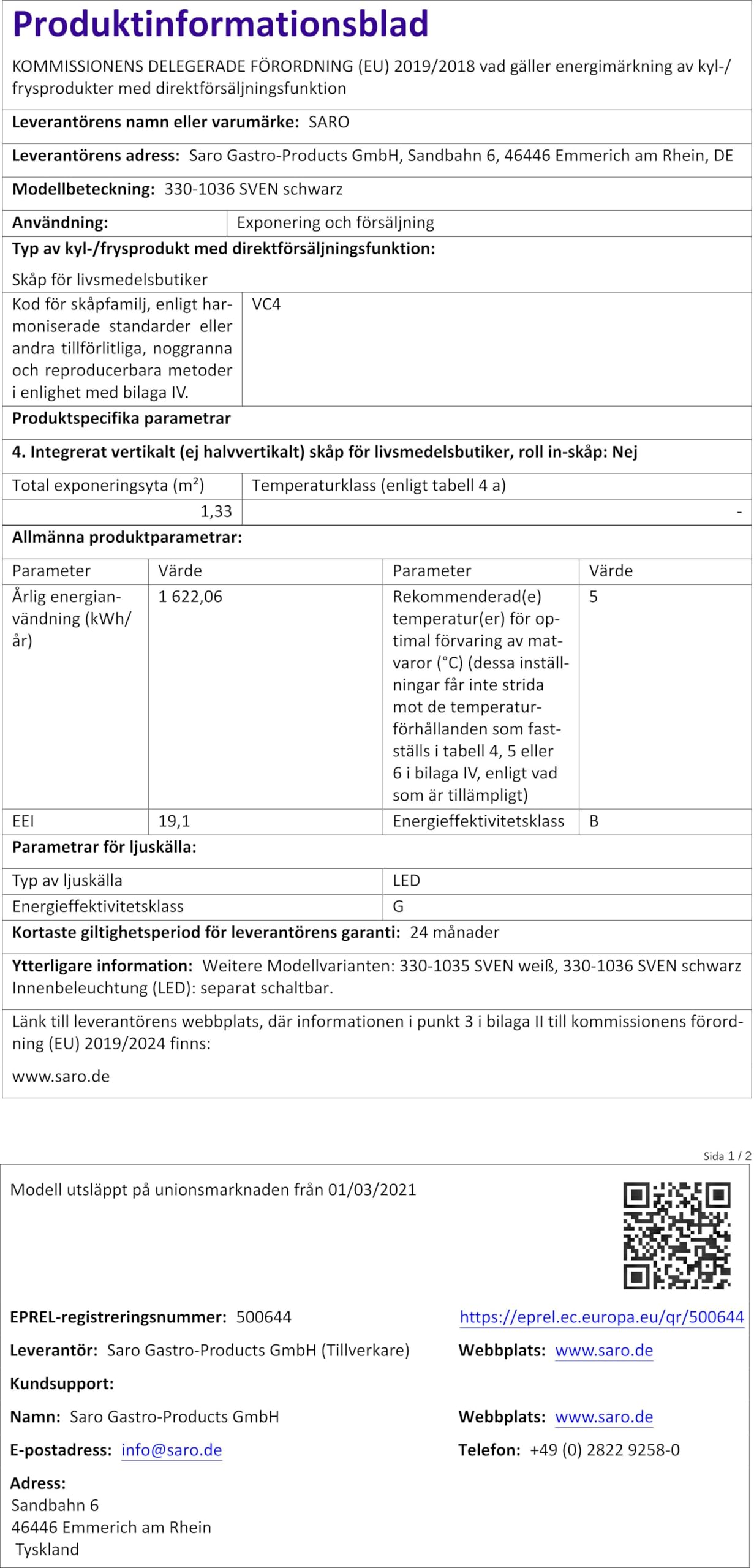 SARO SVEN - Vetrina refrigerante da 235 l, raffreddamento a ricircolo, controllo digitale della temperatura 0/+12 °C, illuminazione a LED, 4 griglie regolabili, sbrinamento automatico, plastica nera