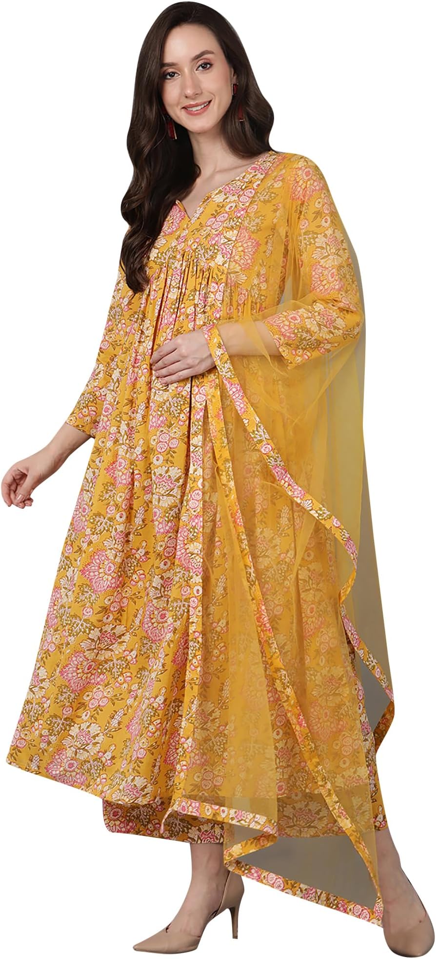 Vaamsi Women's Cotton Blend Floral Printed Anarkali Kurta Pant With Dupatta Set | kurta sets for woman