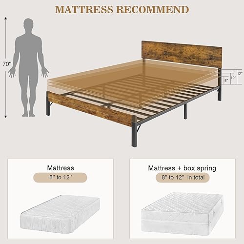 Miniatura 7 de Pliwier Base de cama resistente con cabecero y estribo, 12 listones de metal fuertes, 9 patas de soporte resistentes, no necesita somier, sin ruido,