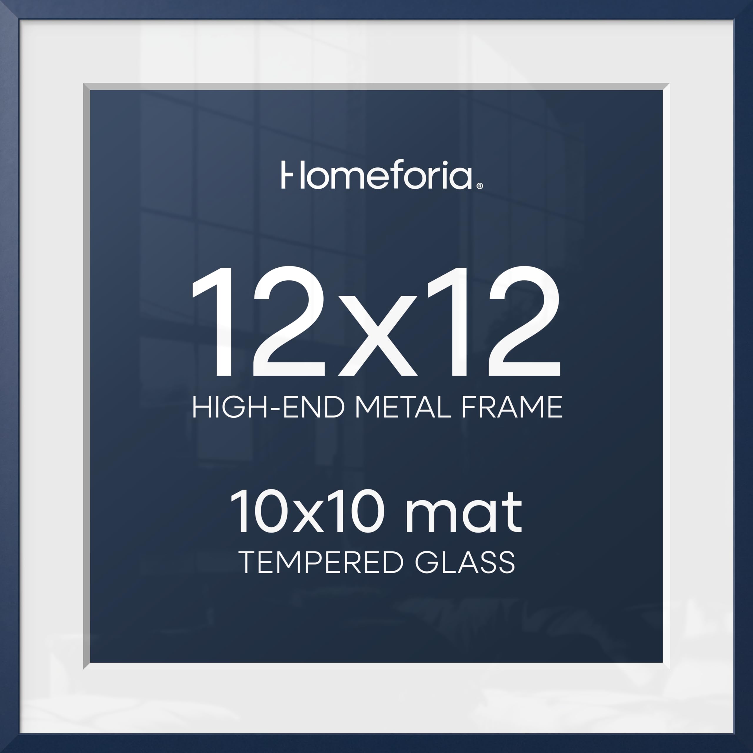 Homeforia 12x12 Blue Picture Frame, High-End Metal, 10x10 Mat, Glass | High End Aluminum, Tempered Glass, Acid-Free 10x10 Removable Mat, 12x12 in Edge-to-Edge Display 12x12, Wall Kit, Set Of 1