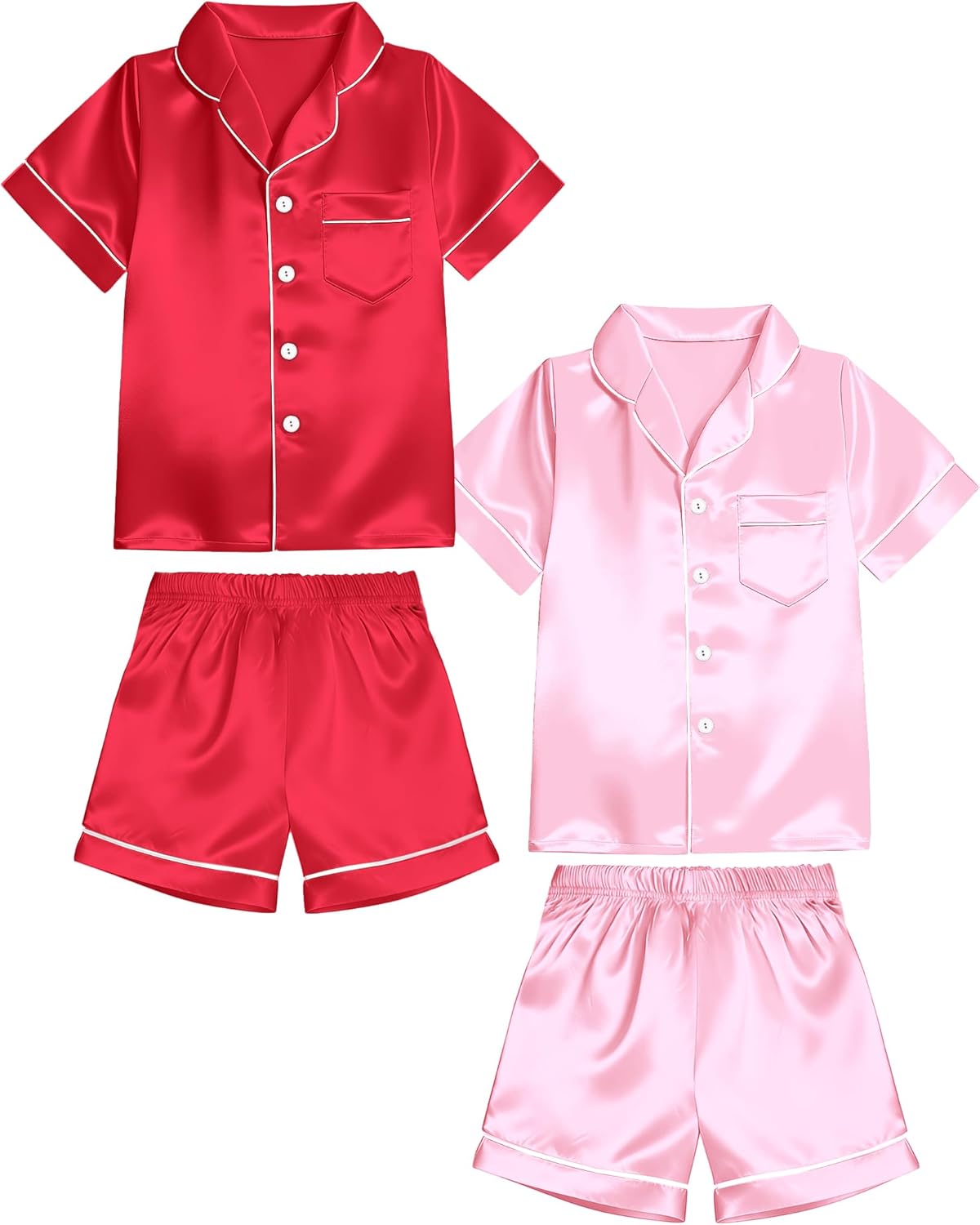 Girls Pajamas Silky Sets 2 Packs, Soft Satin Boys Kids Summer Pjs, Short Sleeve Button Down for Birthday Gift, 5Y-14Y