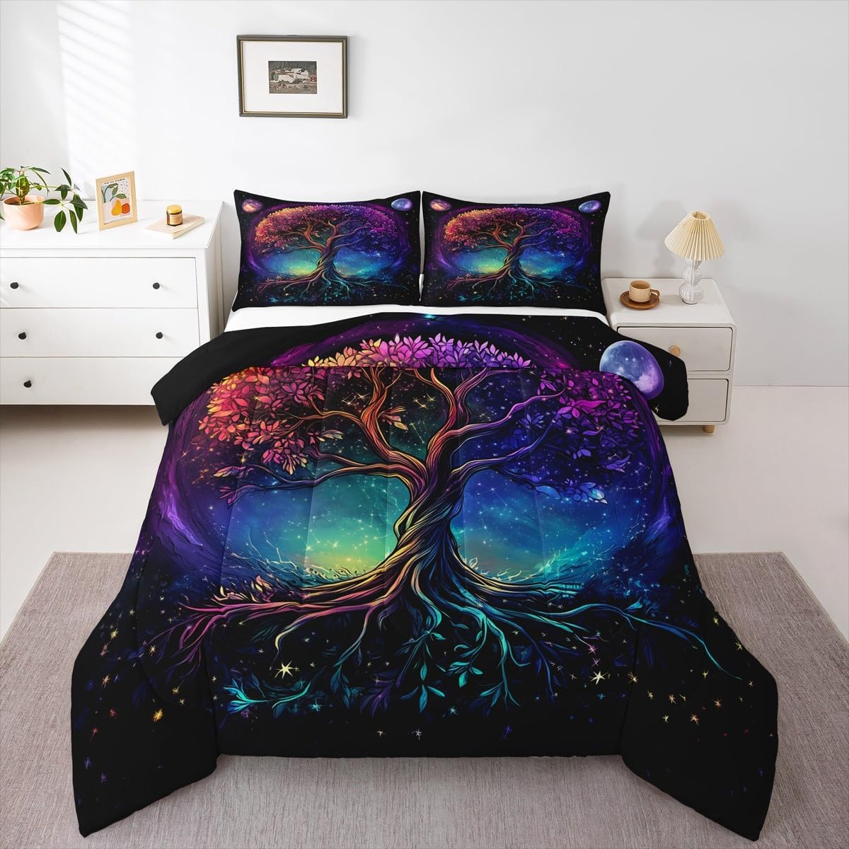 Castle Fairy Boho Life Tree Comforter Set Toddler Size Western Magical Style Bedding Set Bedroom Decor Dreamy Galaxy Nebula Quilt Set for Kids Boys Girls Nature Tree Duvet Insert 2Pcs