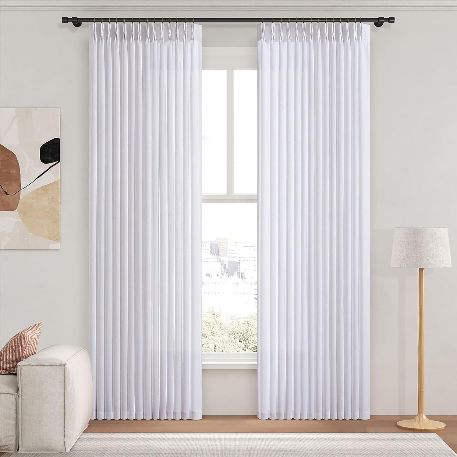 Pinch Pleated White 84 Inches Long Curtains for Bedroom or Living Room, Memory Shaped Linen Window Drapes Light Filtering Privacy 7 ft Boho Curtain with Back Tab and Hooks 2 Panels Set