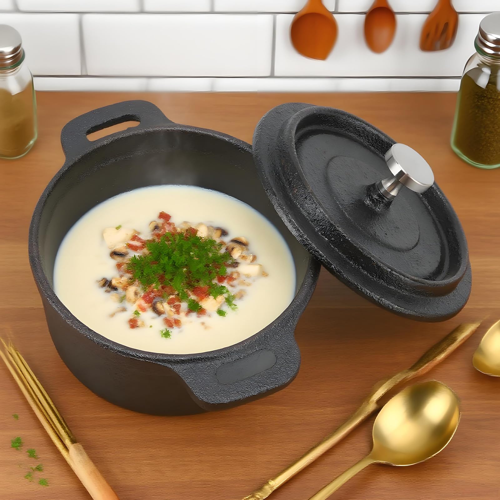 OLLA DE HIERRO FUNDIDO HOLANDÉS CON TAPA 20CM - OLLA ANTIADHERENTE PARA GAS, ELÉCTRICA, HORNO, BBQ [ALTA RETENCIÓN DE CALOR] (Diámetro 20 CM)