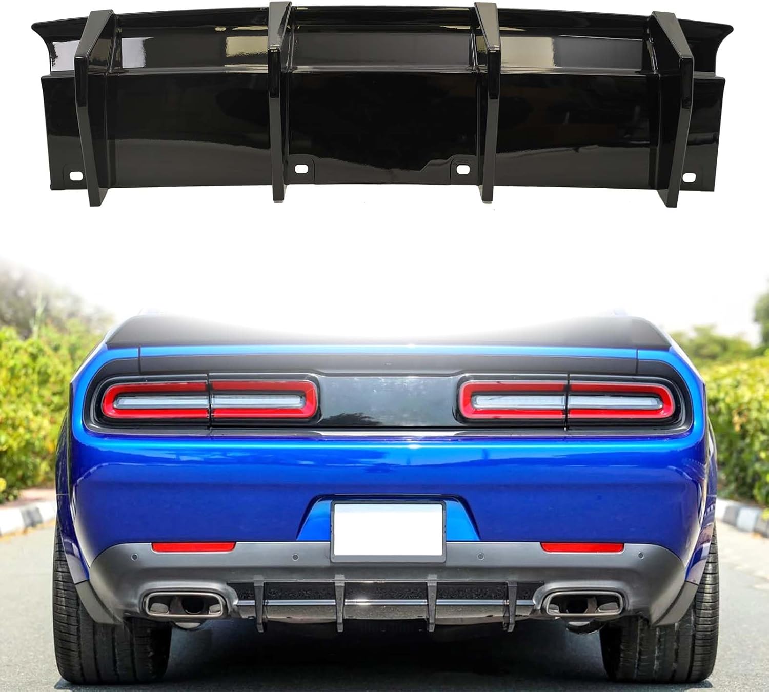 Rear Diffuser Compatible with 2015-2024 Dodge Challenger GT SXT SXT Plus Rock Style Rear Bumper Lower Lip Diffuser 4 Shark Fin Splitter Spoiler (Gloss Black)