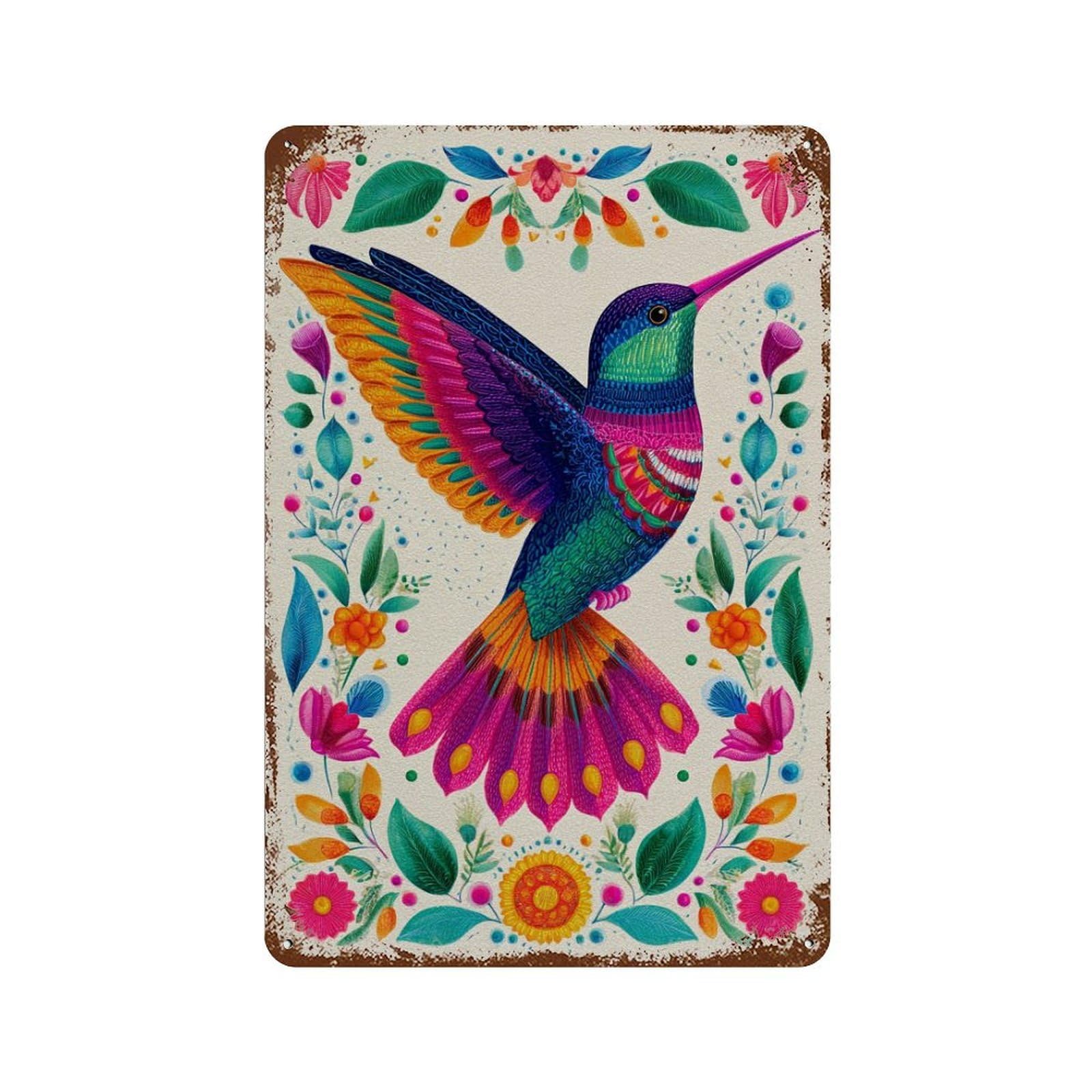 Colorful Hummingbird Art Print-2 Rust Effect Tin Sign 11.8"x7.9", Farmhouse Wall Decor for Living Room, Hallway And Home Decor