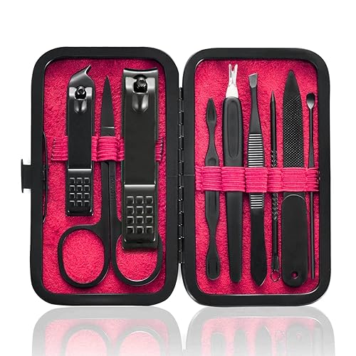 Miniatura 9 de HANTEKAS Juego de manicura 9 en 1 de acero inoxidable, cortaúñas, tijeras y pedicura, kit de aseo portátil de viaje para hombres y mujeres con
