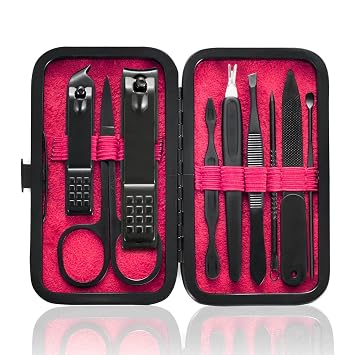HANTEKAS Manicure Set 9 in 1 Stainless Steel, Nail Clippers Scissors Pedicure Tools Kit - Portable Travel Grooming Kit for Men and Women with Leather Case Red-BIG Nail Clipper