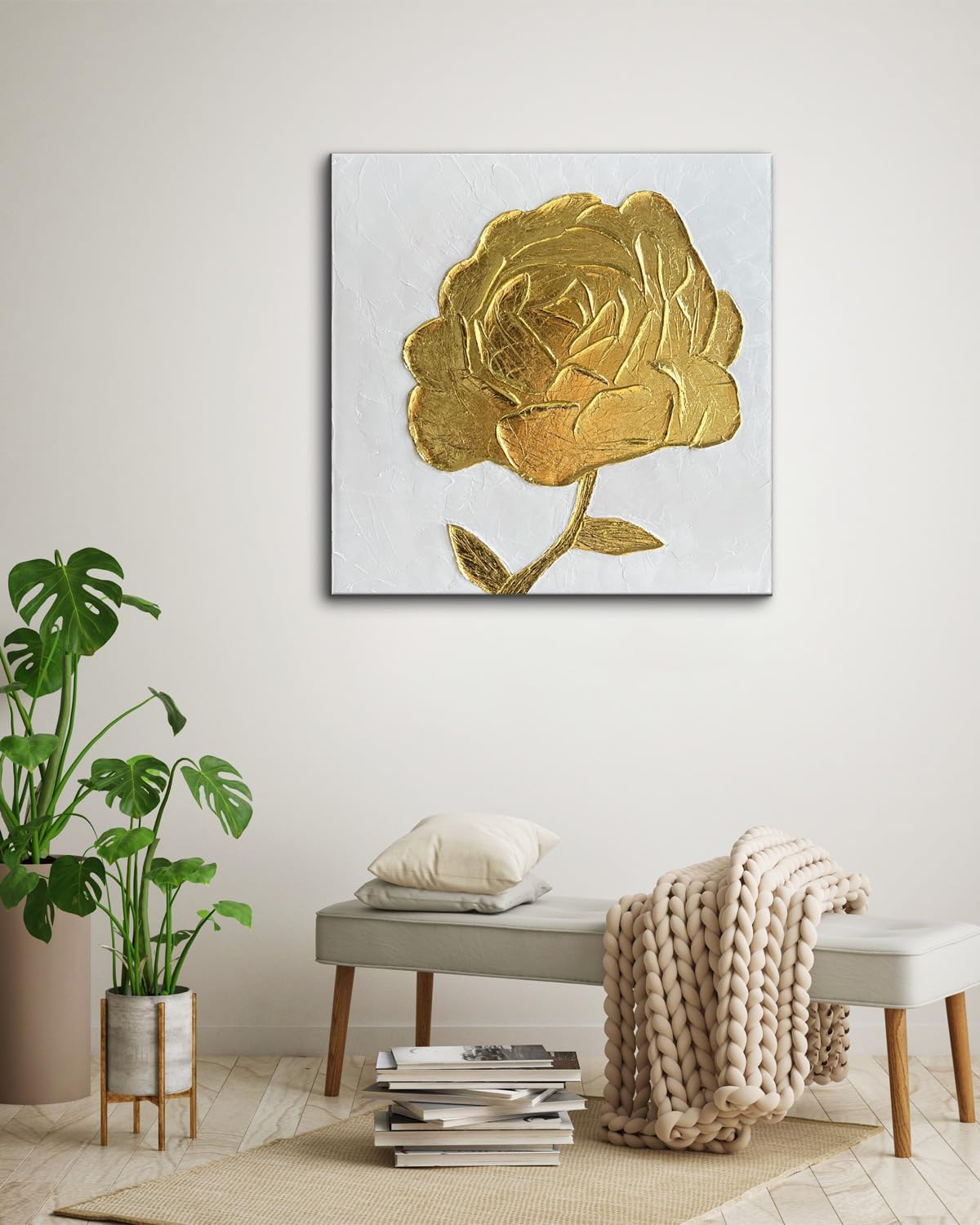Creespi Hand Painted 3D Gold Floral Wall Art 24x24 inches,Contemporary Abstract Textured Flower Oil Painting On Canvas for Home Decor