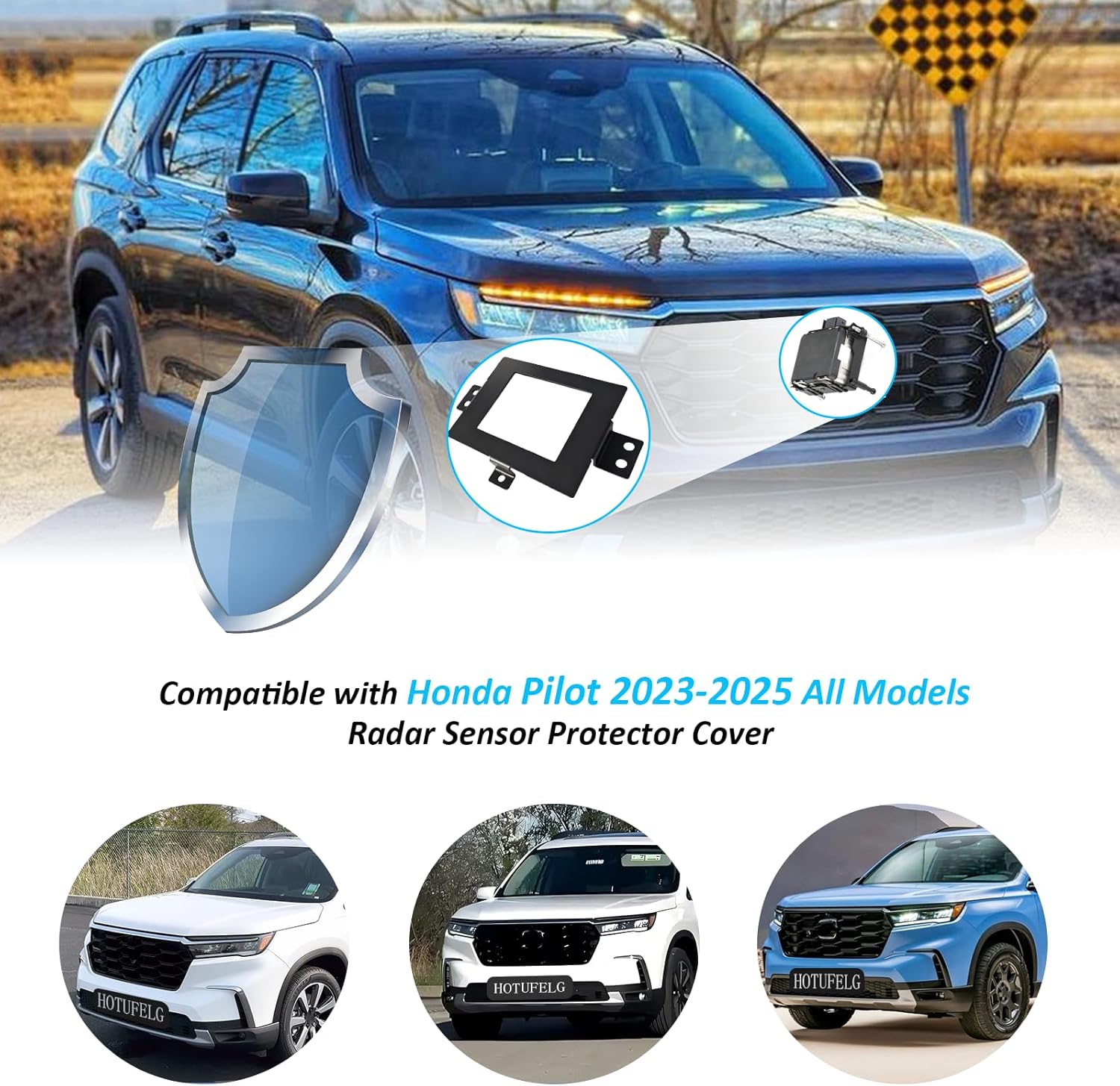 Radar Sensor Protector Cover Compatible with Honda Pilot 2023-2025 All Models, Featuring Front Radar Sensor Anti-Theft Steel Cover with 2 Mounting Options Security Screws Kit​ for Pilot Accessory