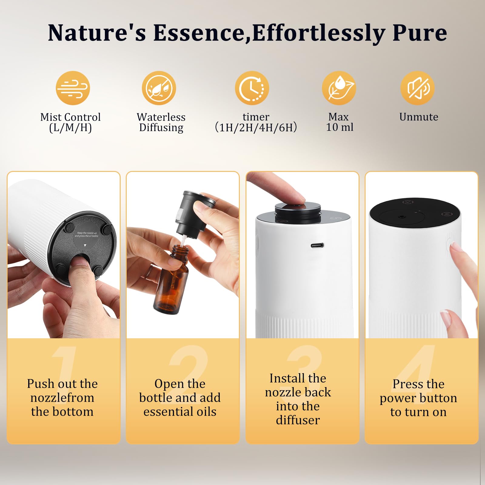 Diffusori senza acqua, nebulizzatore di oli essenziali, nebulizzatore di oli essenziali, diffusore di aromi per casa, batteria USB, mini diffusore atomizzatore per auto, casa, ufficio, modalità 1/2/3H