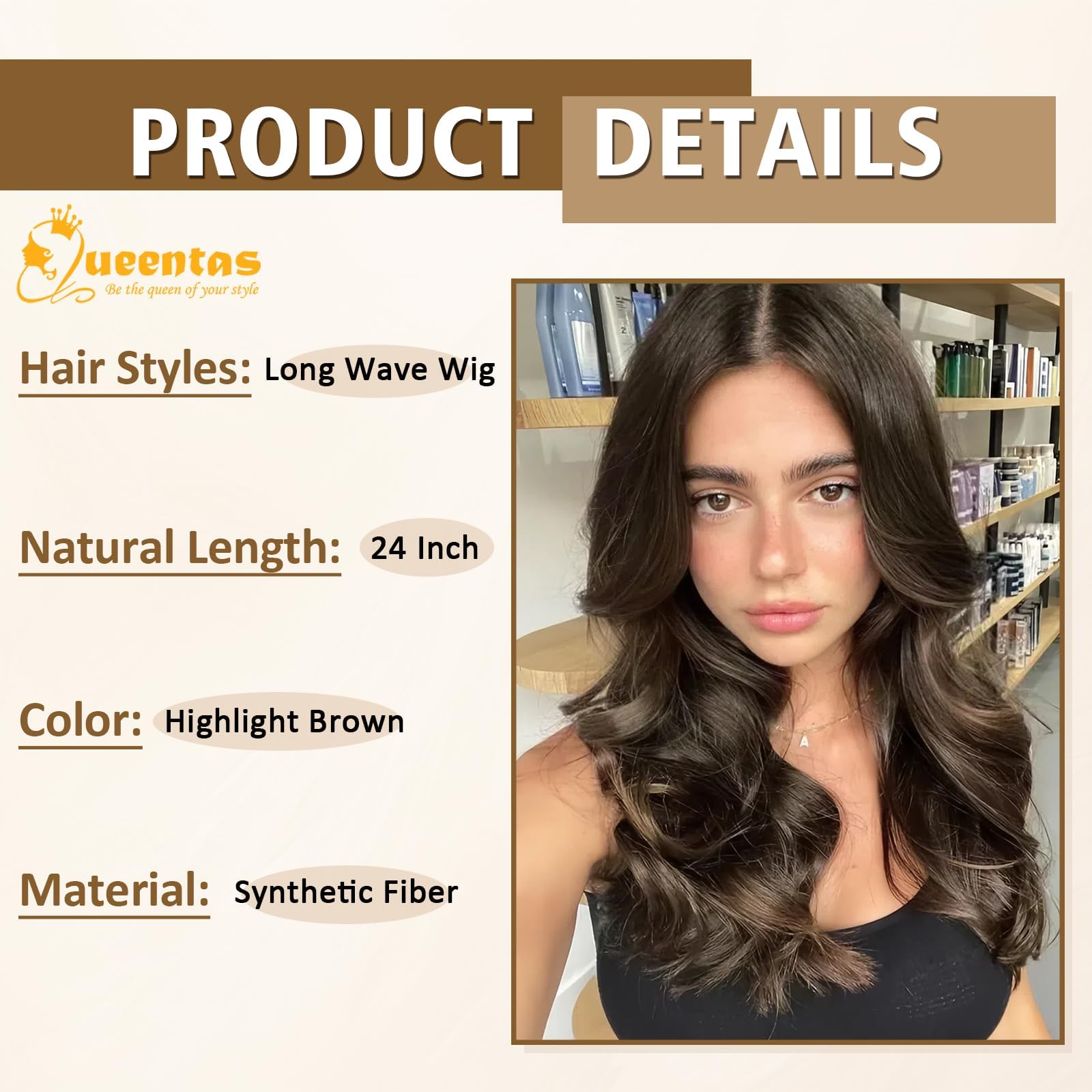 QUEENTAS Long Curly Brown Wigs for Women Synthetic Ladies Wig Middle Parting for Daily Party Halloween (Brown) - Image 4