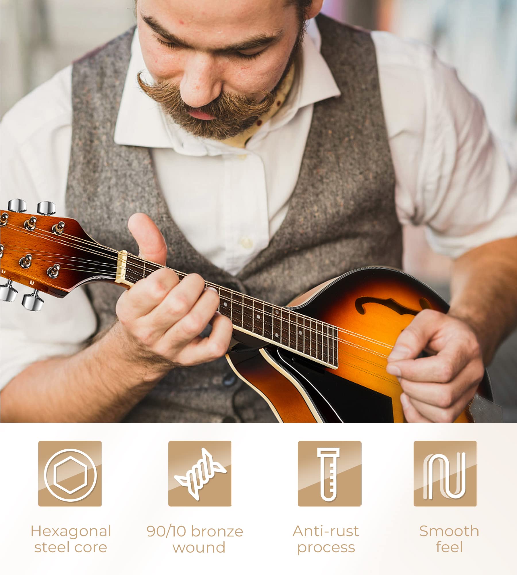 Mandolin Strings, Vangoa 90/10 Bronze Vacuum-sealed Packaging Mandolin Strings for 8 String Mandolin, Light, 11-40