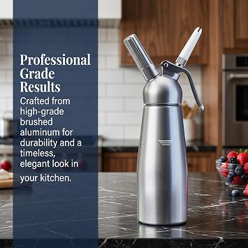 1-Pint Cream Whipper, Professional Brushed Aluminum Whipped Cream Dispenser with 3 Decorating Nozzles, Durable Freestanding Kitchen Whipper for Desserts, Pastries & Beverages