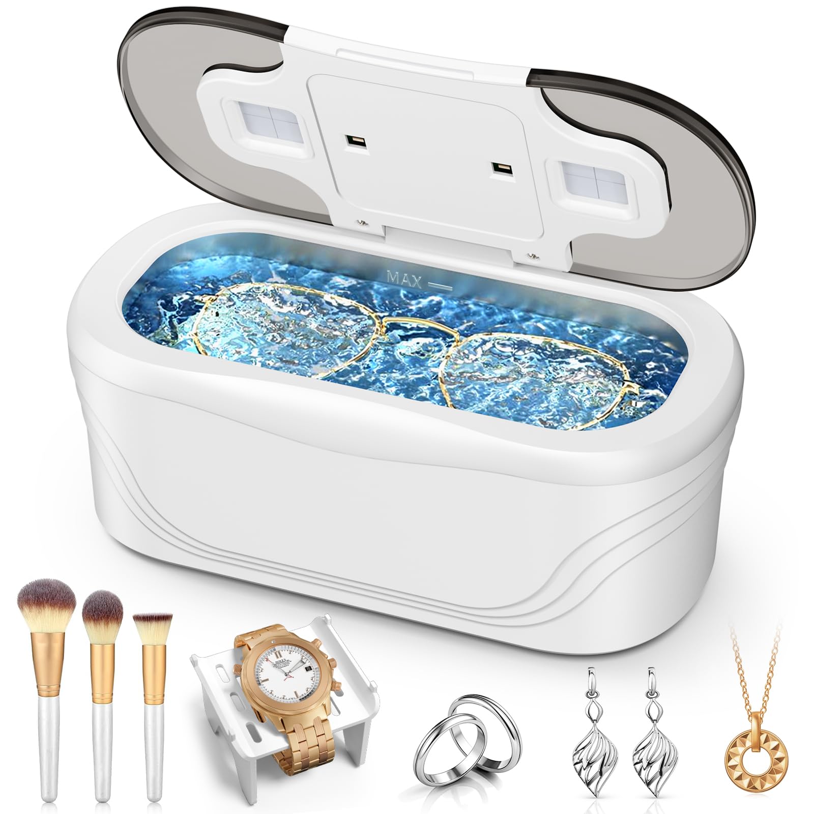 Photo 1 of Raugbeyvo Ultrasonic Jewelry Cleaner, 48KHz Ultrasonic Cleaner for Eyeglasses Rings Watch Band Necklace Earring, Multi Deep Clean Modes 400ML, White