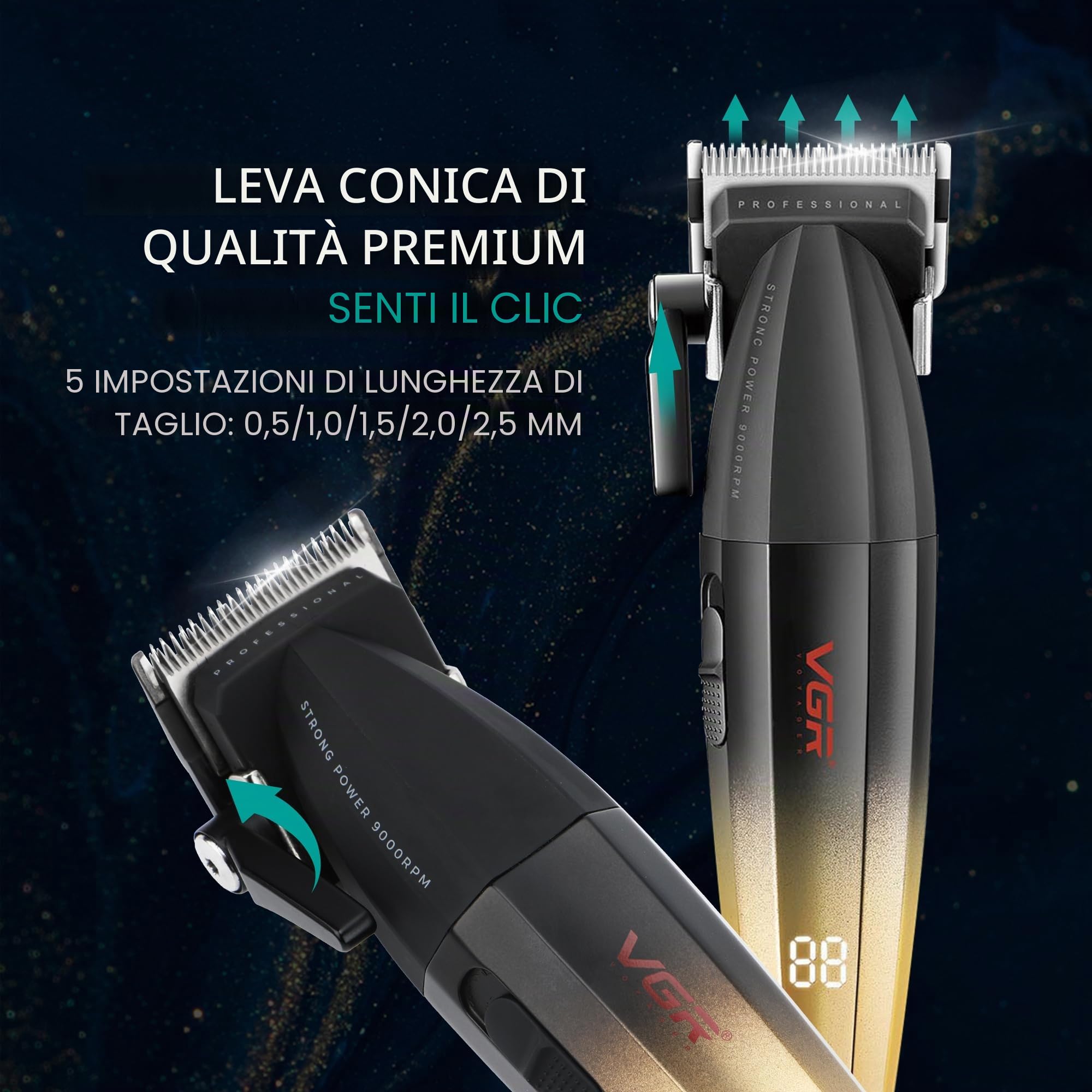 VGR Tagliacapelli professionale da uomo, kit senza fili, 9000 giri/min, macchina da barbiere per taglio di capelli da uomo, tagliacapelli lungo, leva conica, ricaricabile tramite batteria USB-C da 250
