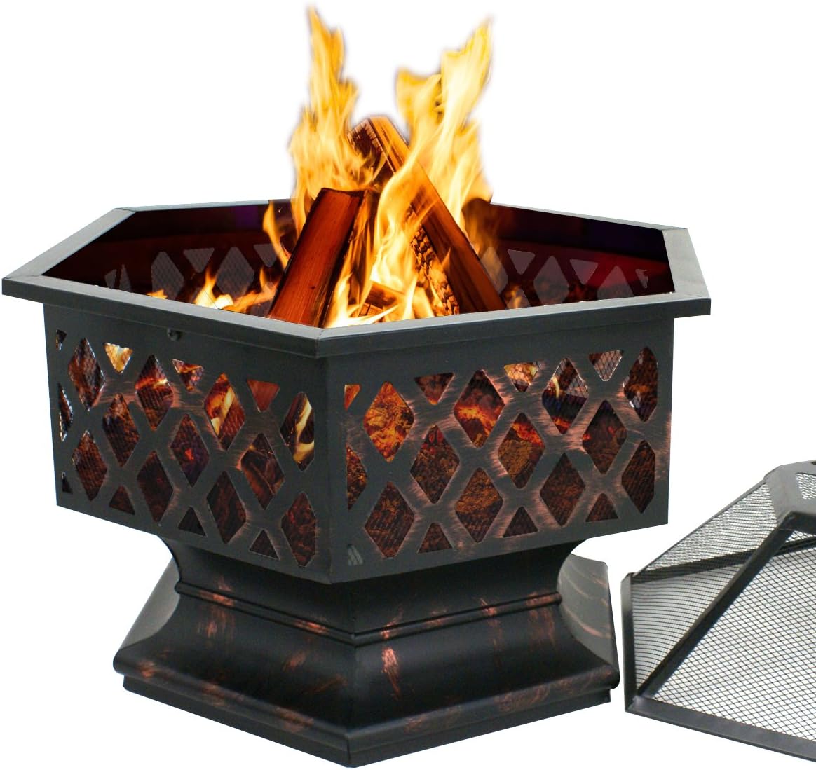 LEMY Hex Shaped Fire Pit Wood Burning Fireplace Firepit Bowl with Spark Screen Cover Patio Backyard Heater Steel 24"