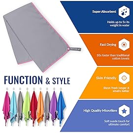 VENTURE 4TH Microfibre Travel Towel - Sports Towel: Packable Personal Microtowel for Athletic Men and Women - Fluffy and Absorbing (Gray-Pink Large)