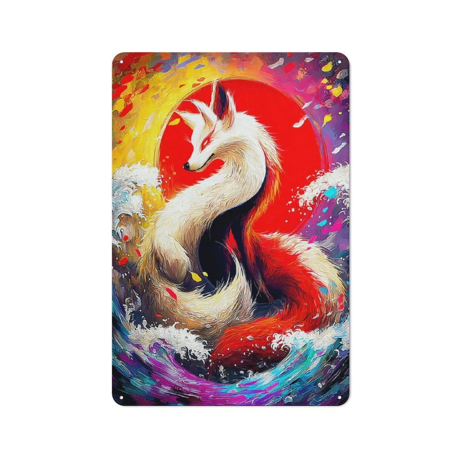 Junmoney Fox Spirit In Flames Vintage Bistro Metal Sign 30X20cm, Bistro Wall Plaque For Takeaway, Bar, Kitchen Or Counter Area