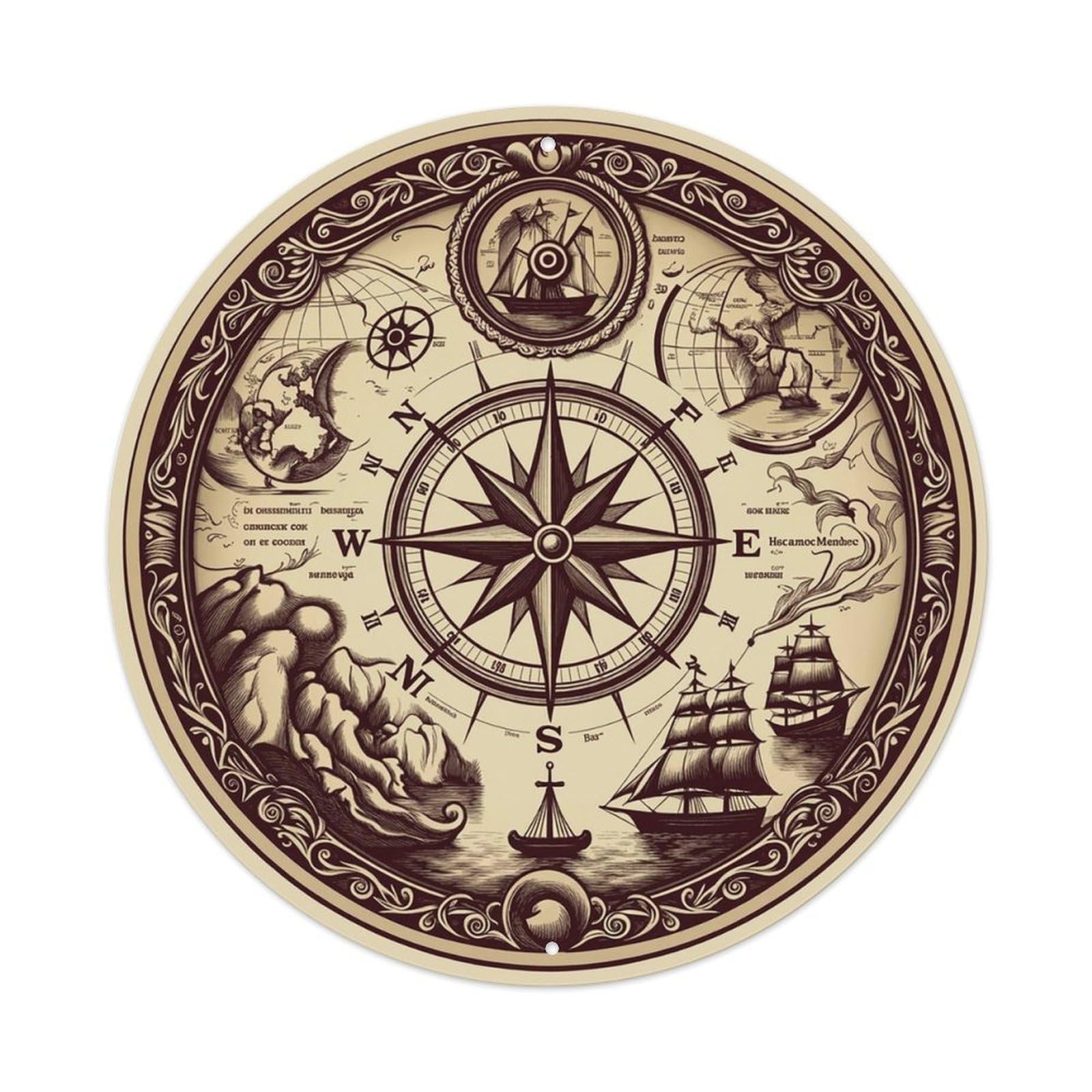 Vintage Nautical Compass World Map Waterfront Chronicle Metal Tin Sign
